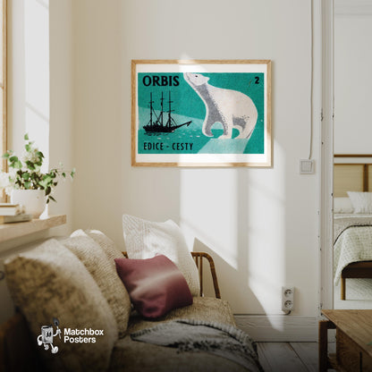 Polar Bear Arctic - vintage matchbox label print - living room mockup