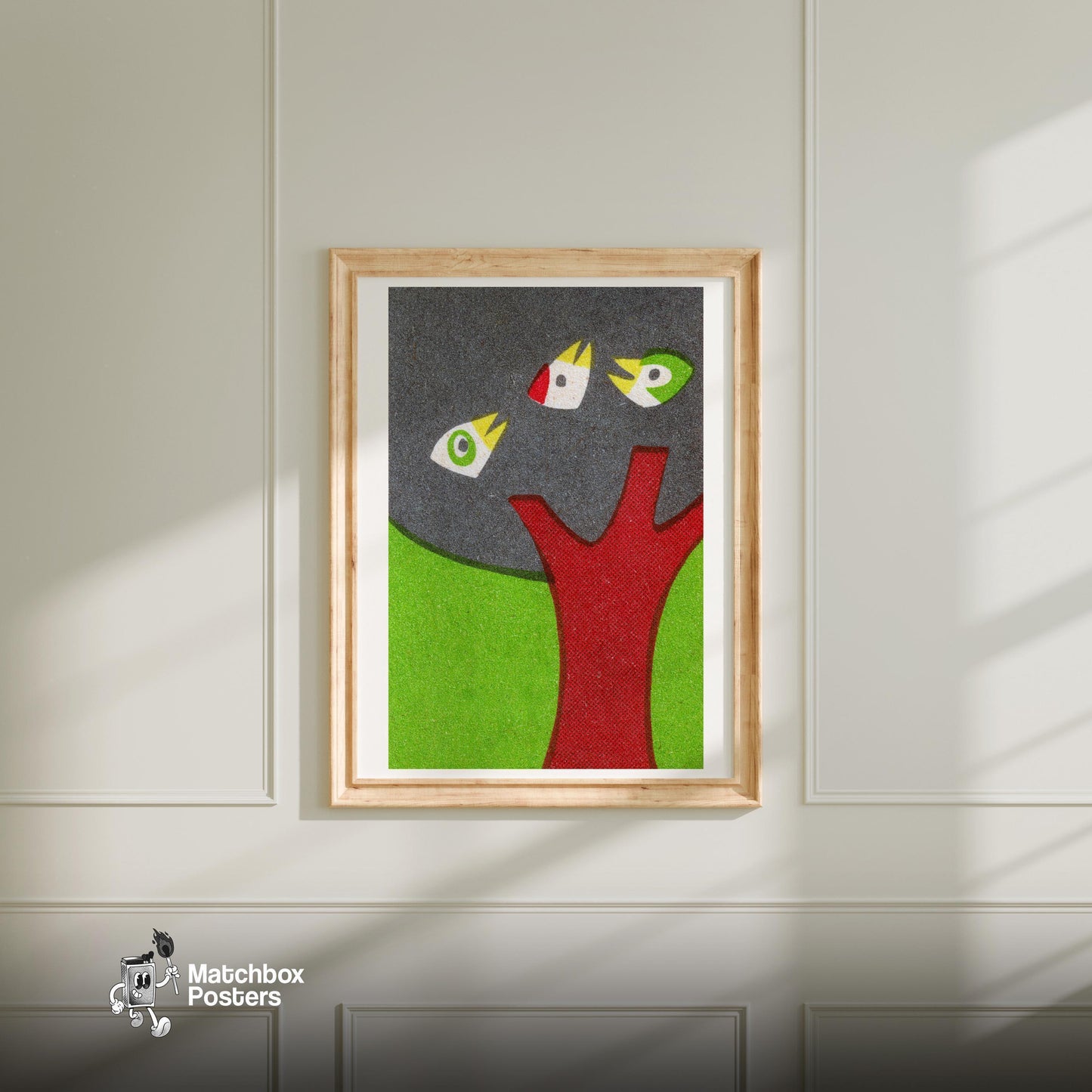 Birds in Tree - vintage matchbox label print - bedroom mockup