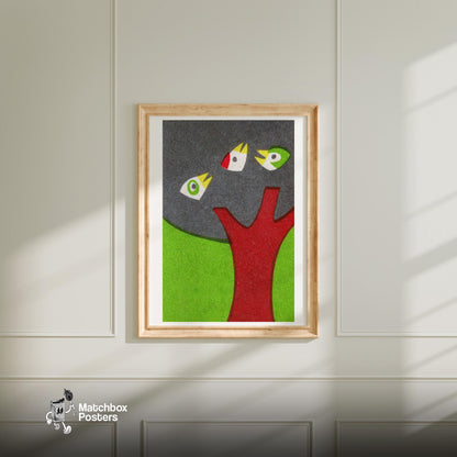 Birds in Tree - vintage matchbox label print - bedroom mockup