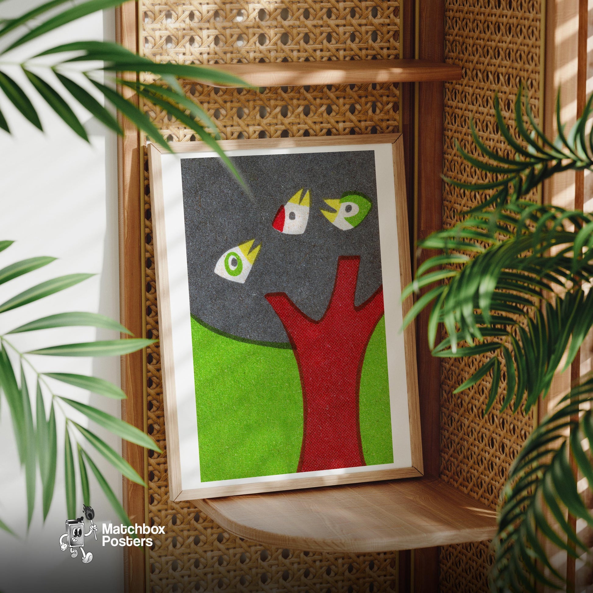 Birds in Tree - vintage matchbox label print - office wall