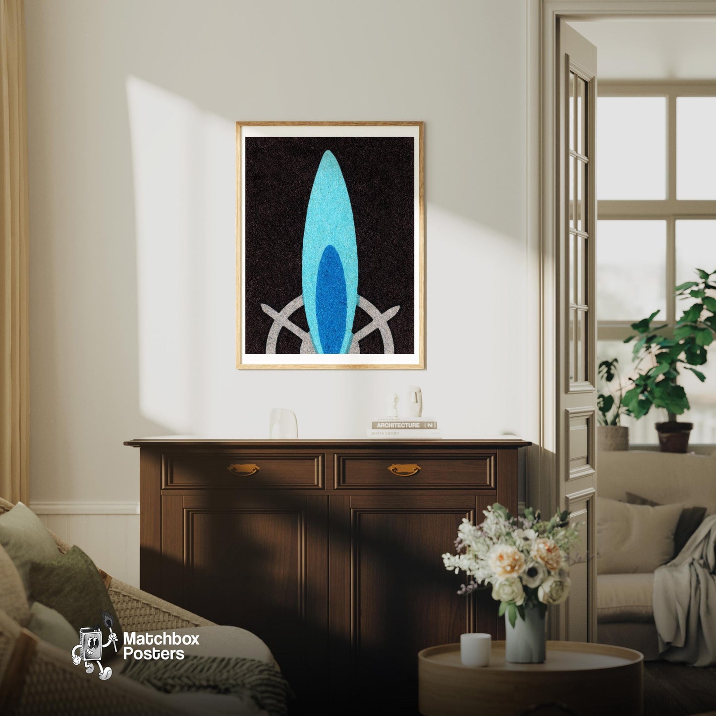 Blue Flame - vintage matchbox label print - living room mockup