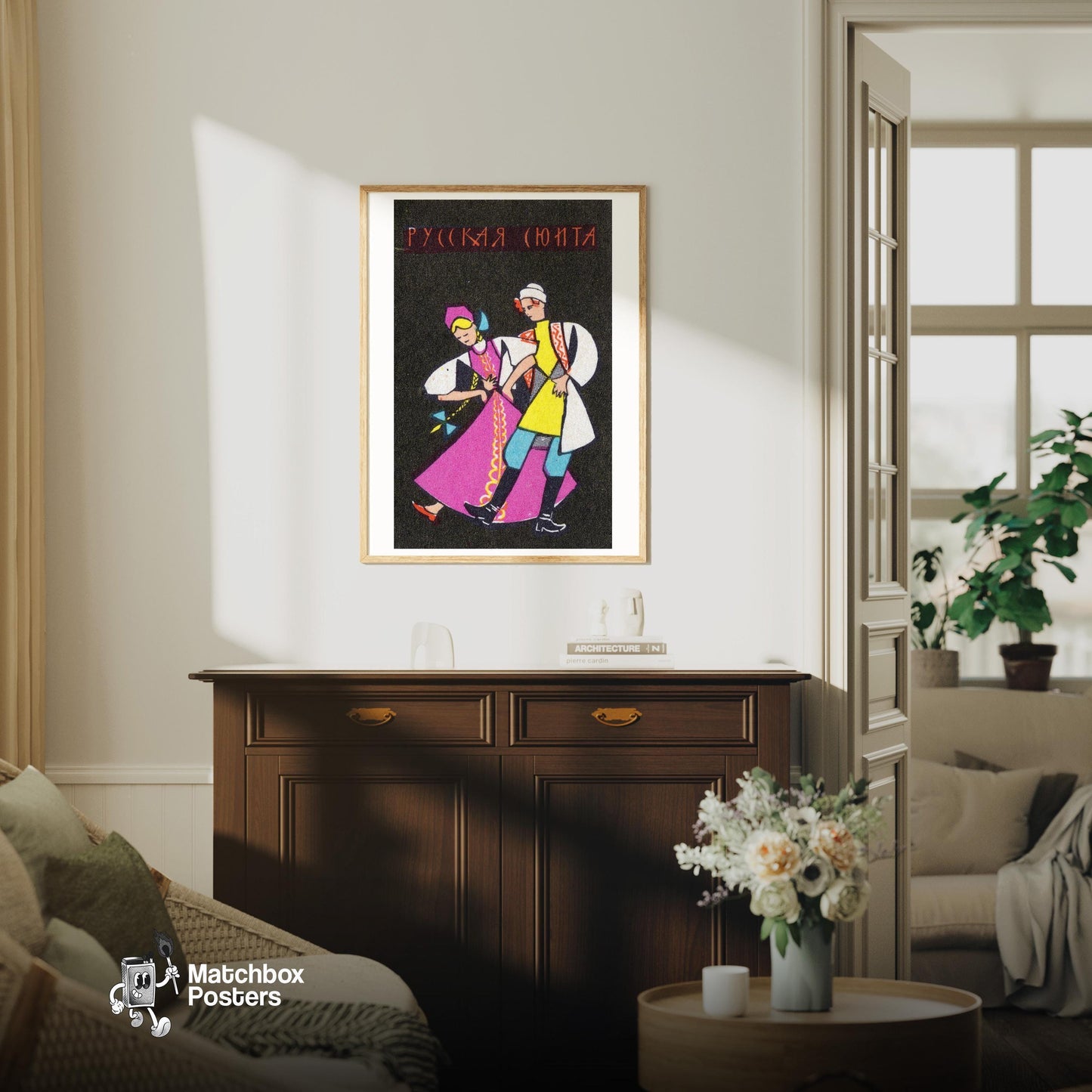 Russian Dancers - vintage matchbox label print - living room mockup