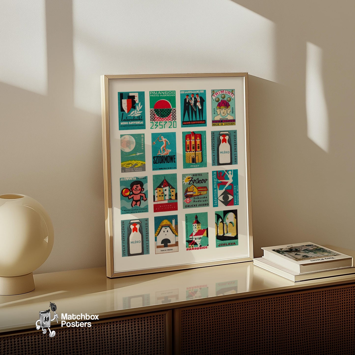 Teal Matchbox Label Collage - vintage matchbox label print - bedroom mockup