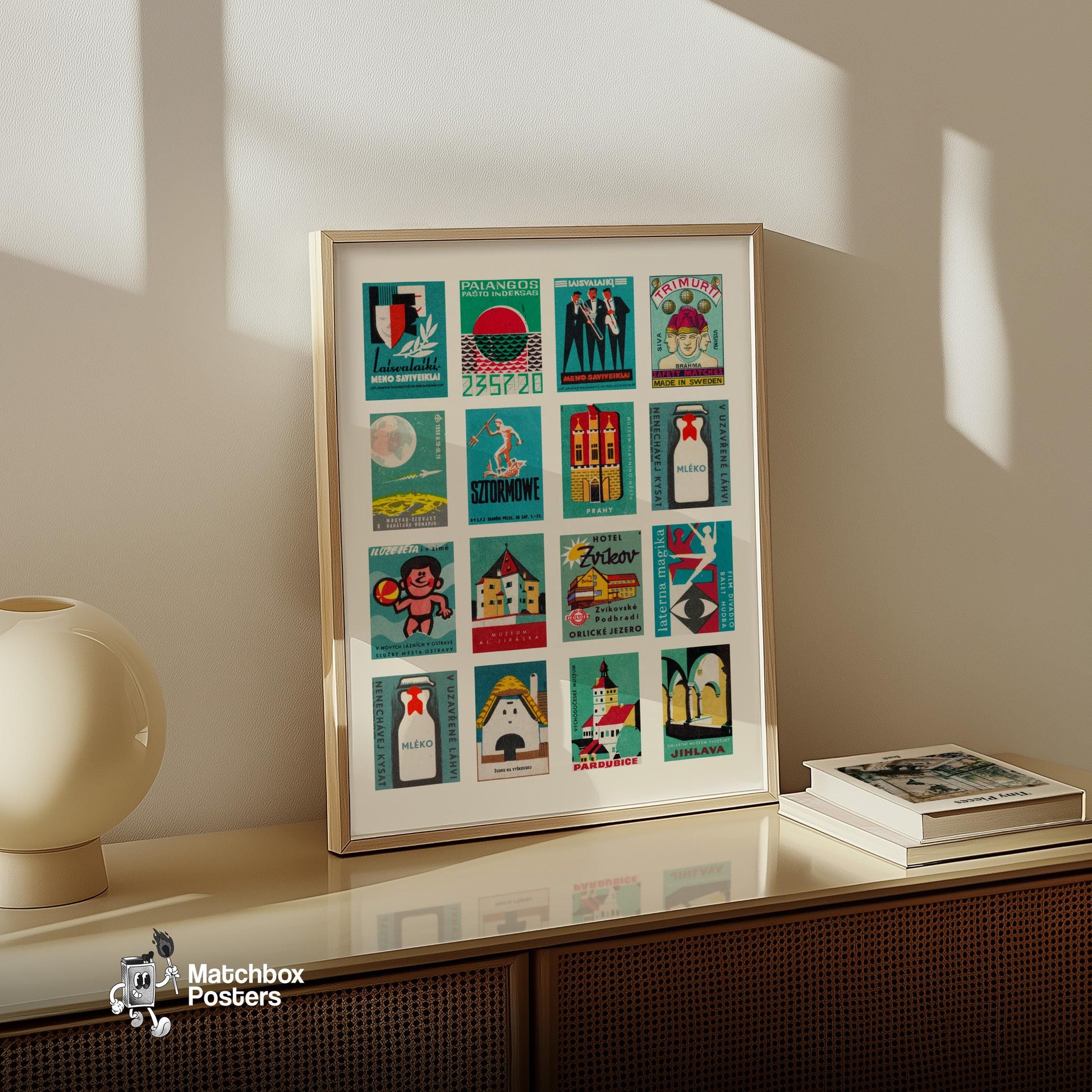 Teal Matchbox Label Collage - vintage matchbox label print - bedroom mockup
