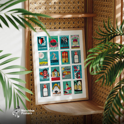 Teal Matchbox Label Collage - vintage matchbox label print - size comparison