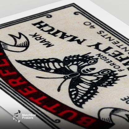 Black Butterfly - vintage matchbox label print - close-up detail