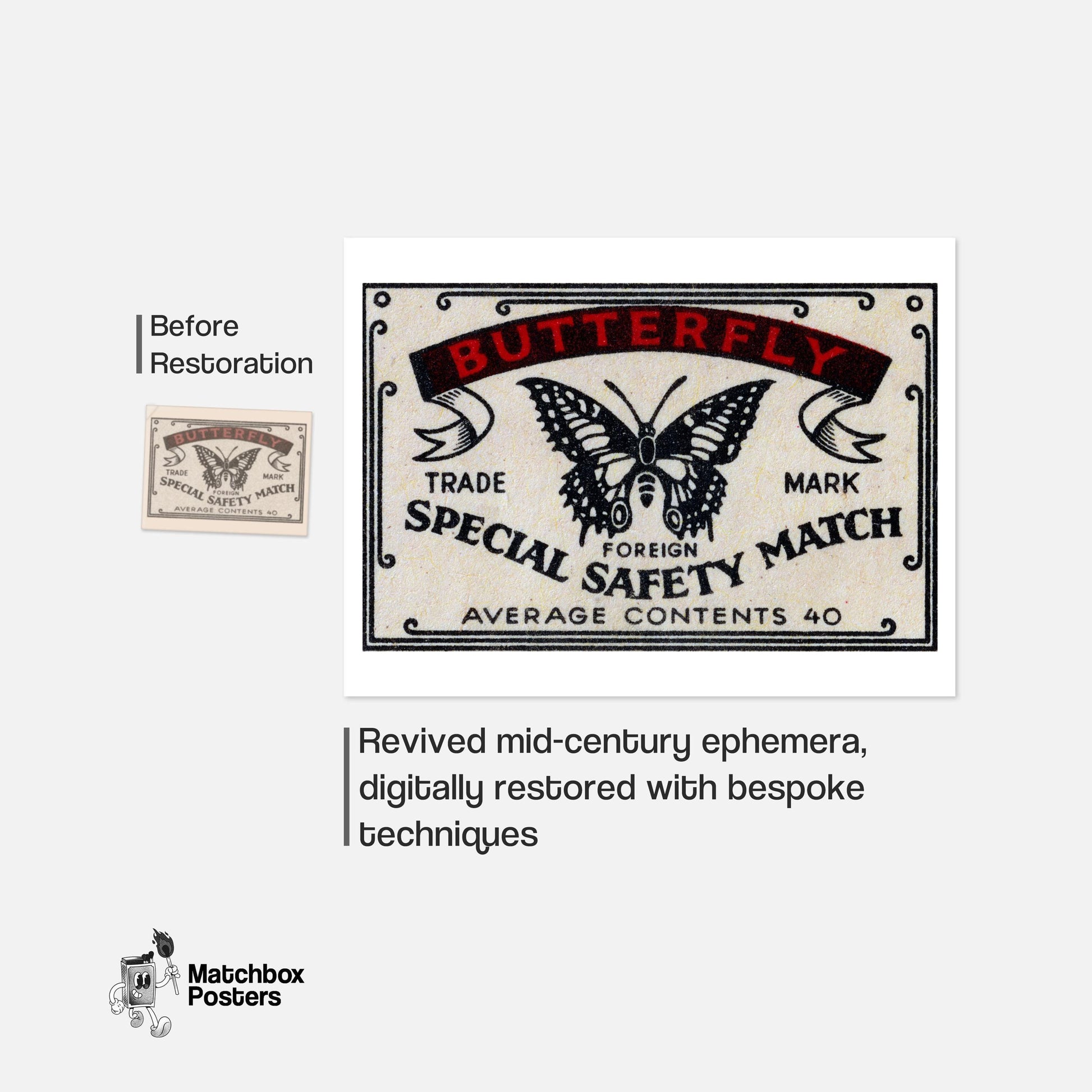 Black Butterfly - vintage matchbox label print - framed wall art preview