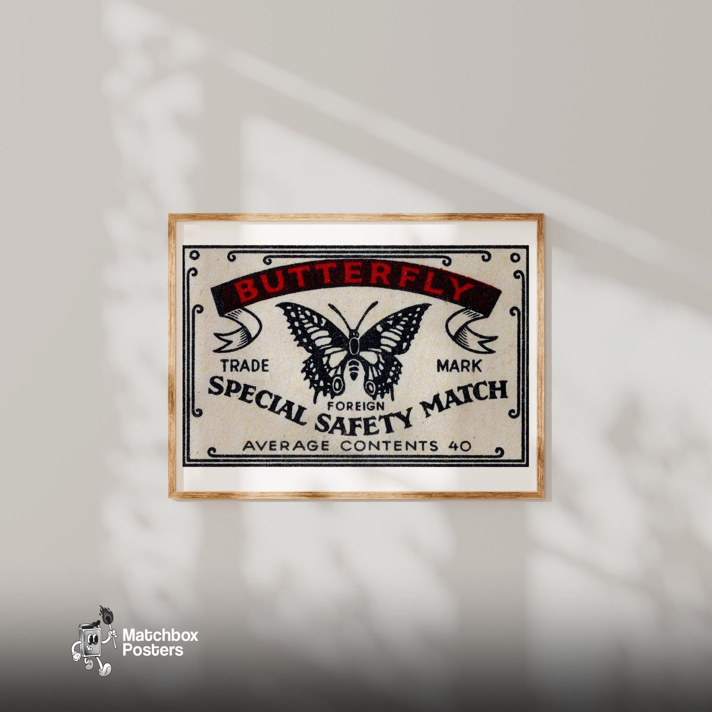 Black Butterfly - vintage matchbox label print - bedroom mockup