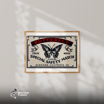 Black Butterfly - vintage matchbox label print - bedroom mockup