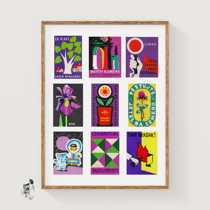 Purples Grid Print - vintage matchbox label print