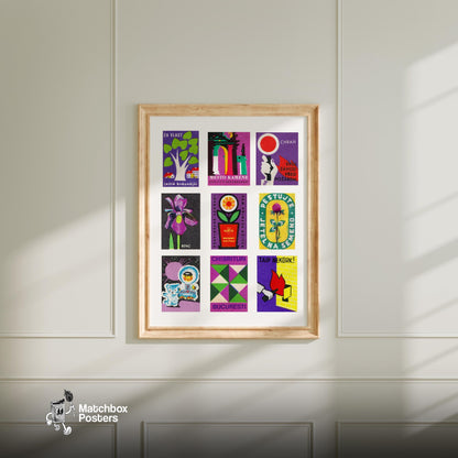Purples Grid Print - vintage matchbox label print - living room mockup