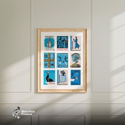 Blue and Blacks Grid Print - vintage matchbox label print - living room mockup