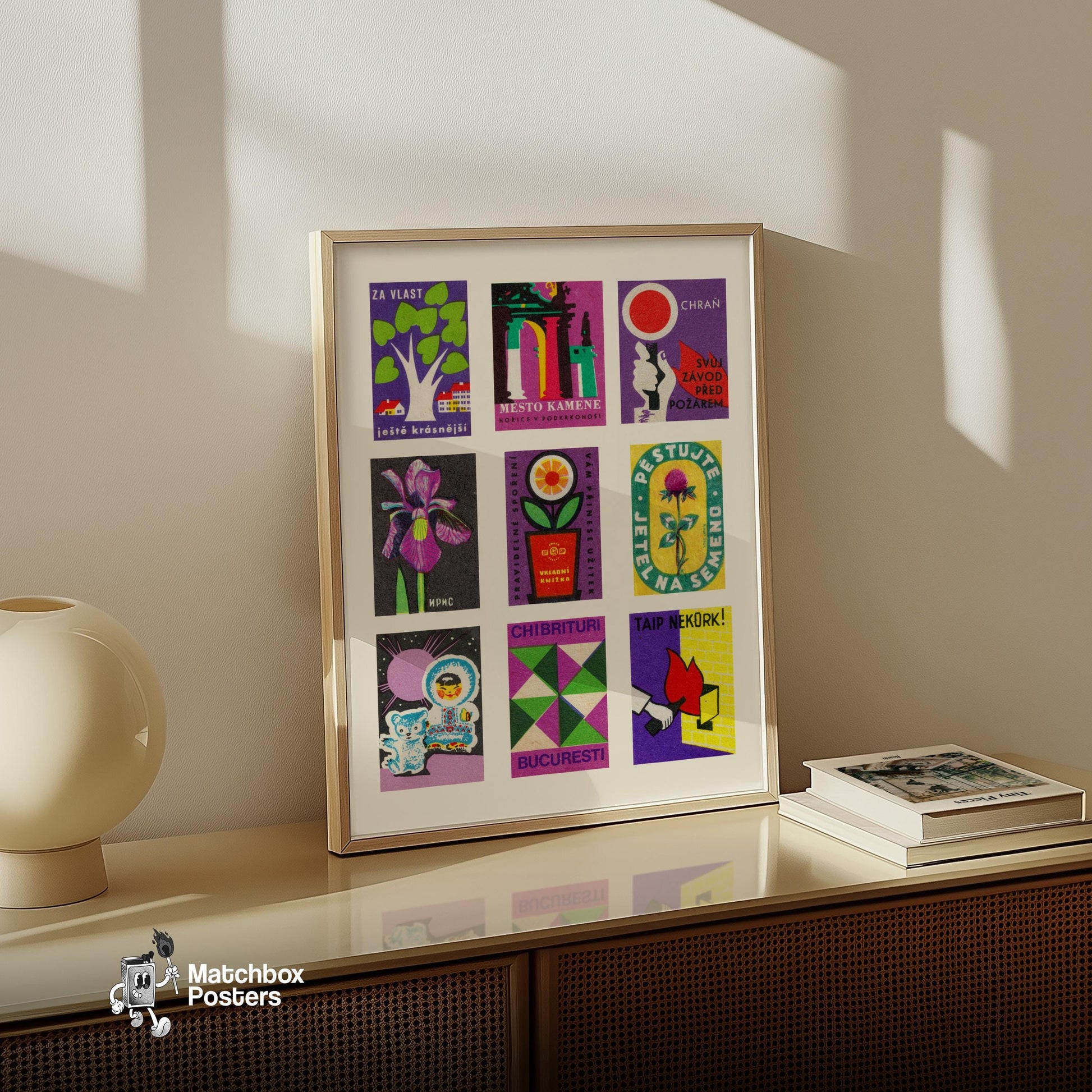 Purples Grid Print - vintage matchbox label print - bedroom mockup