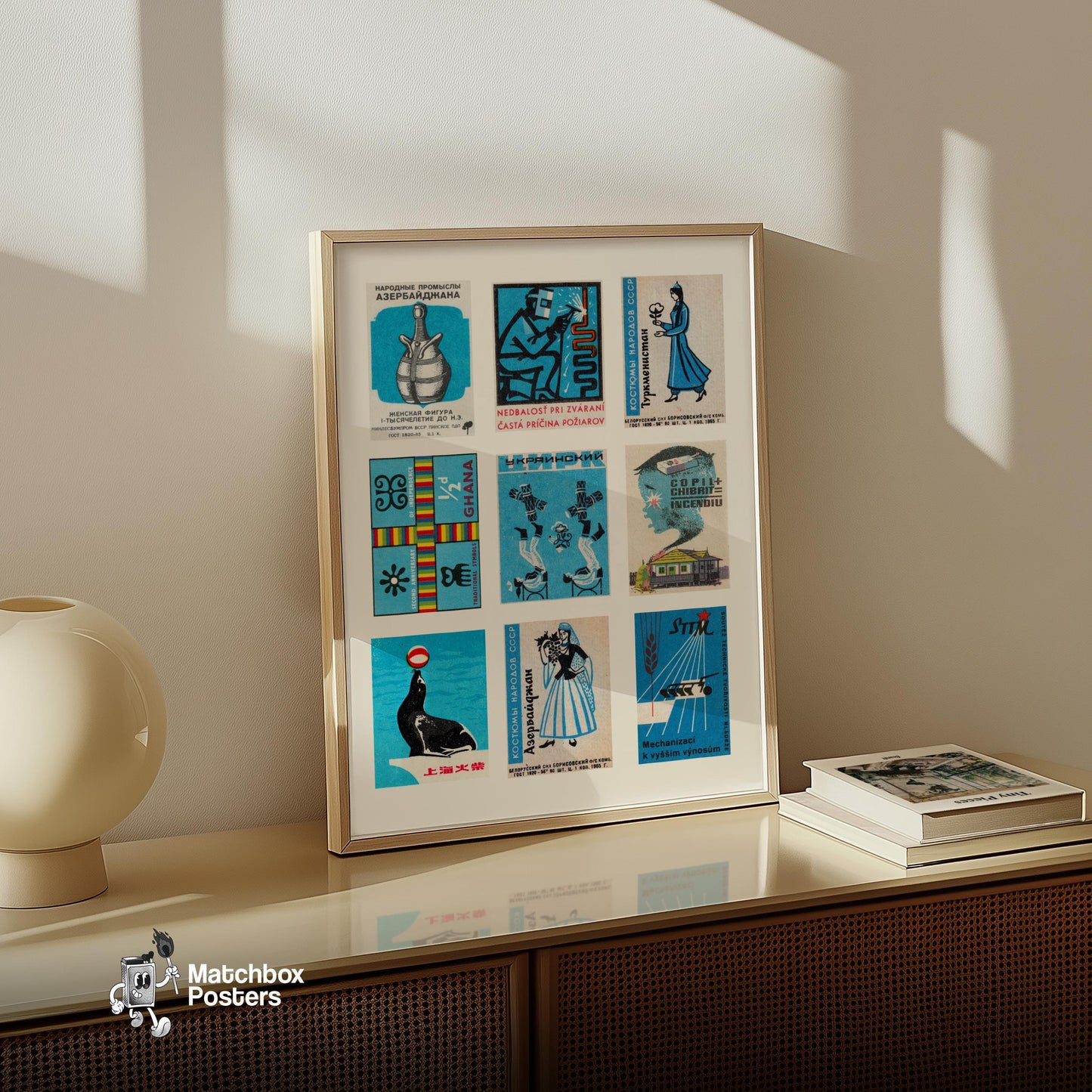 Blue and Blacks Grid Print - vintage matchbox label print - bedroom mockup