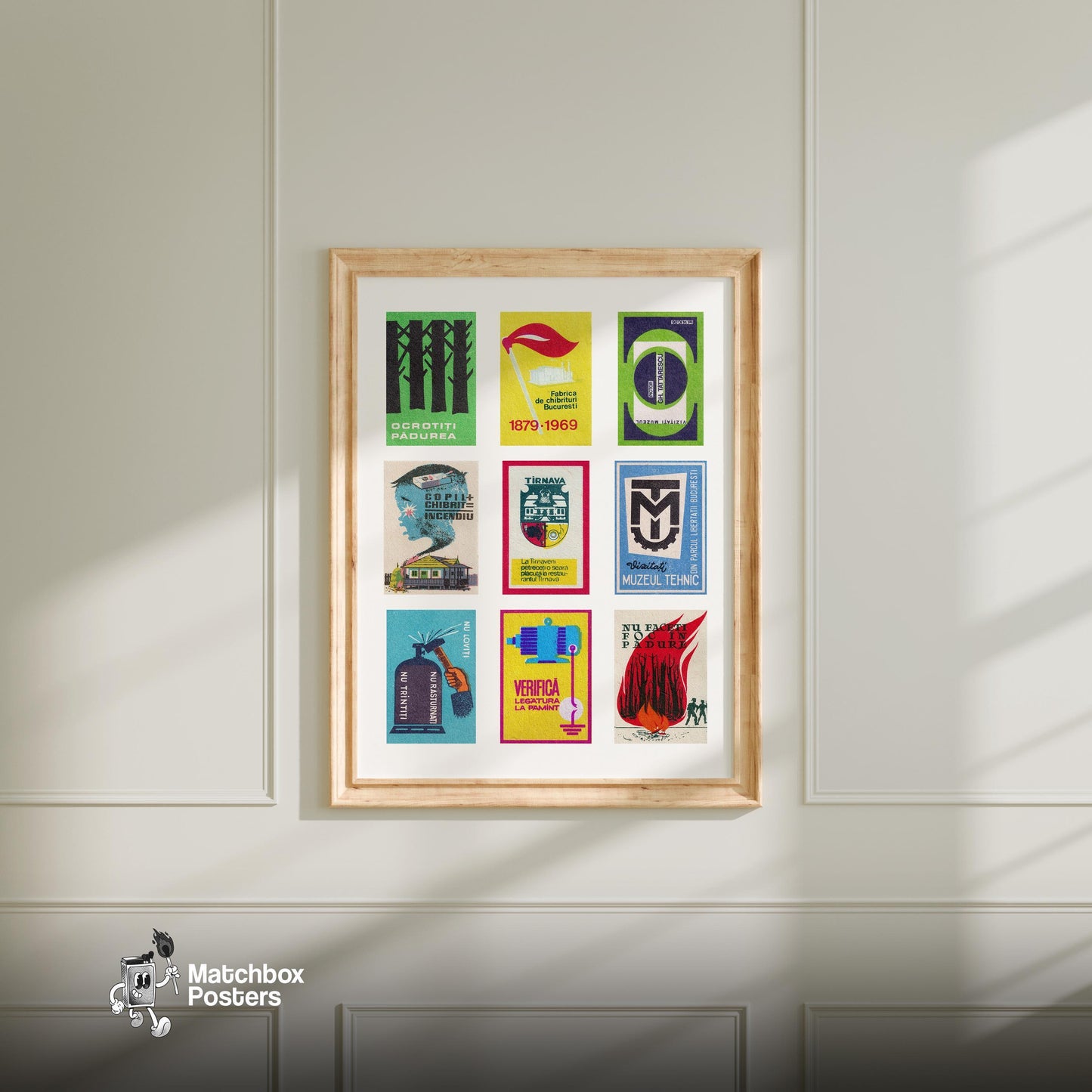 Romanian Collage - vintage matchbox label print - living room mockup