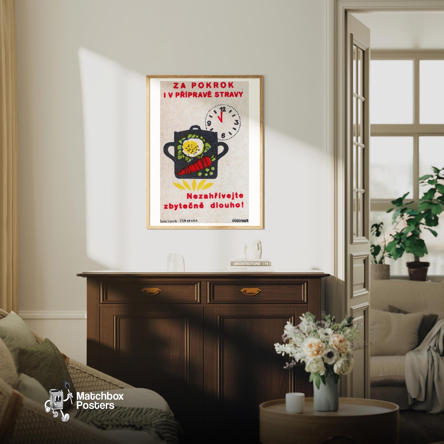 Pot with Vegetables - vintage matchbox label print - living room mockup