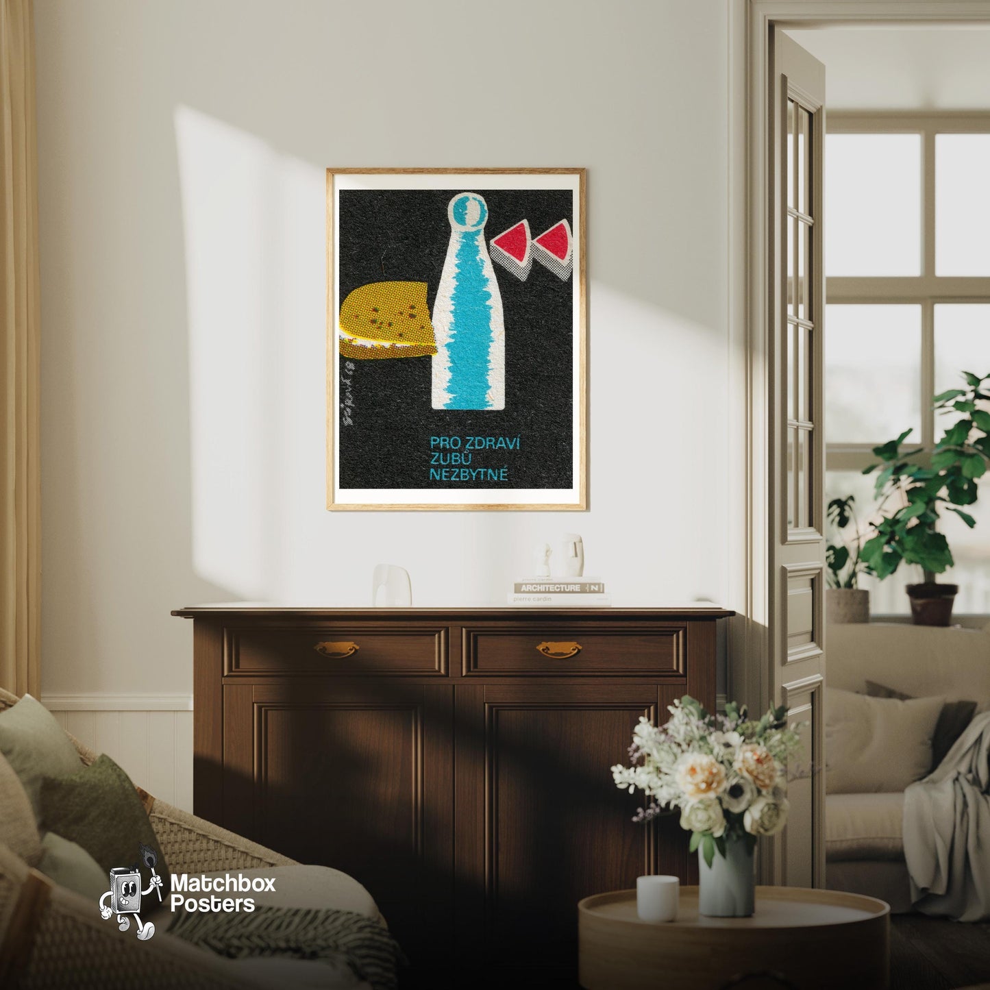 Milk and Cheese - vintage matchbox label print - living room mockup