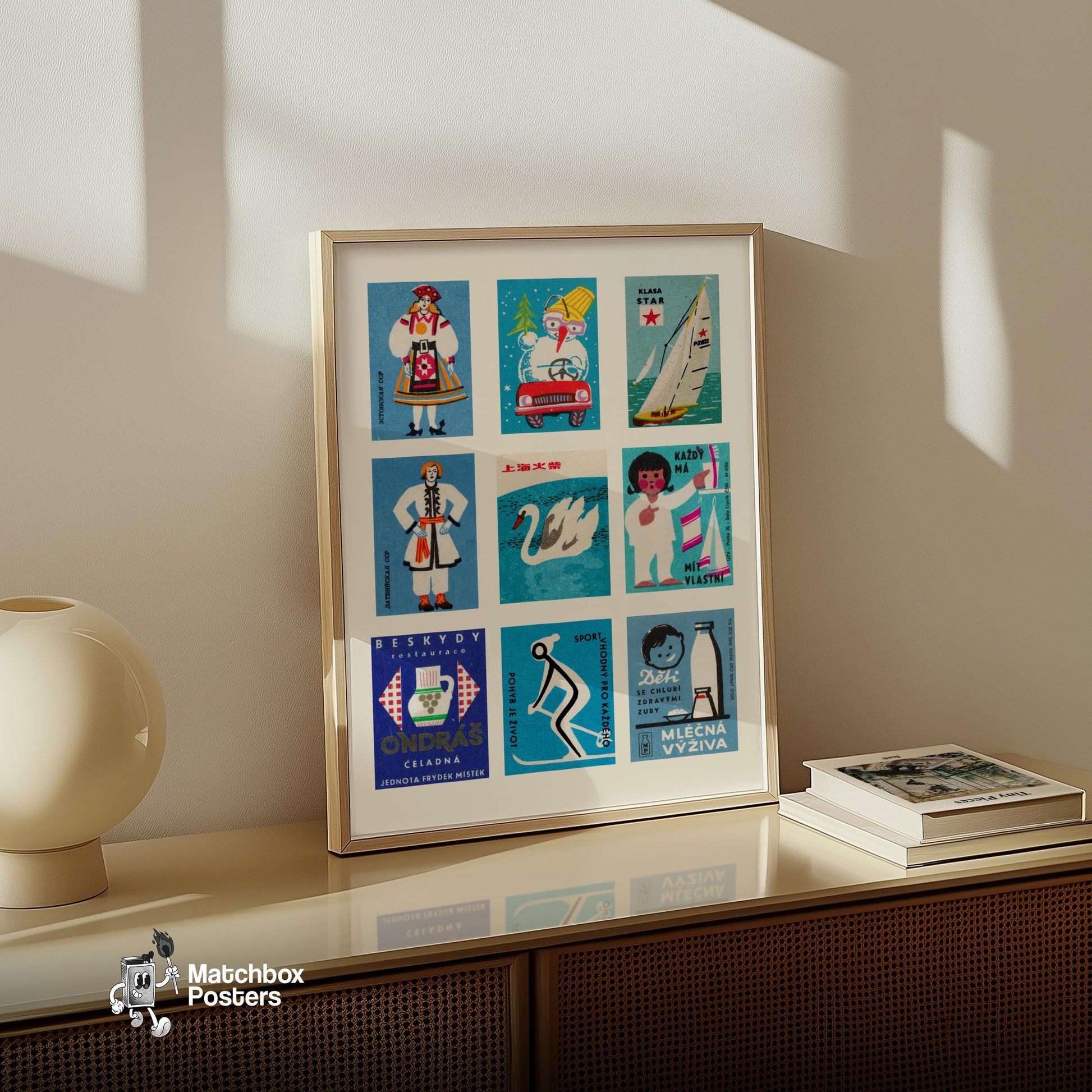 Blue and Whites Grid Print - vintage matchbox label print - bedroom mockup
