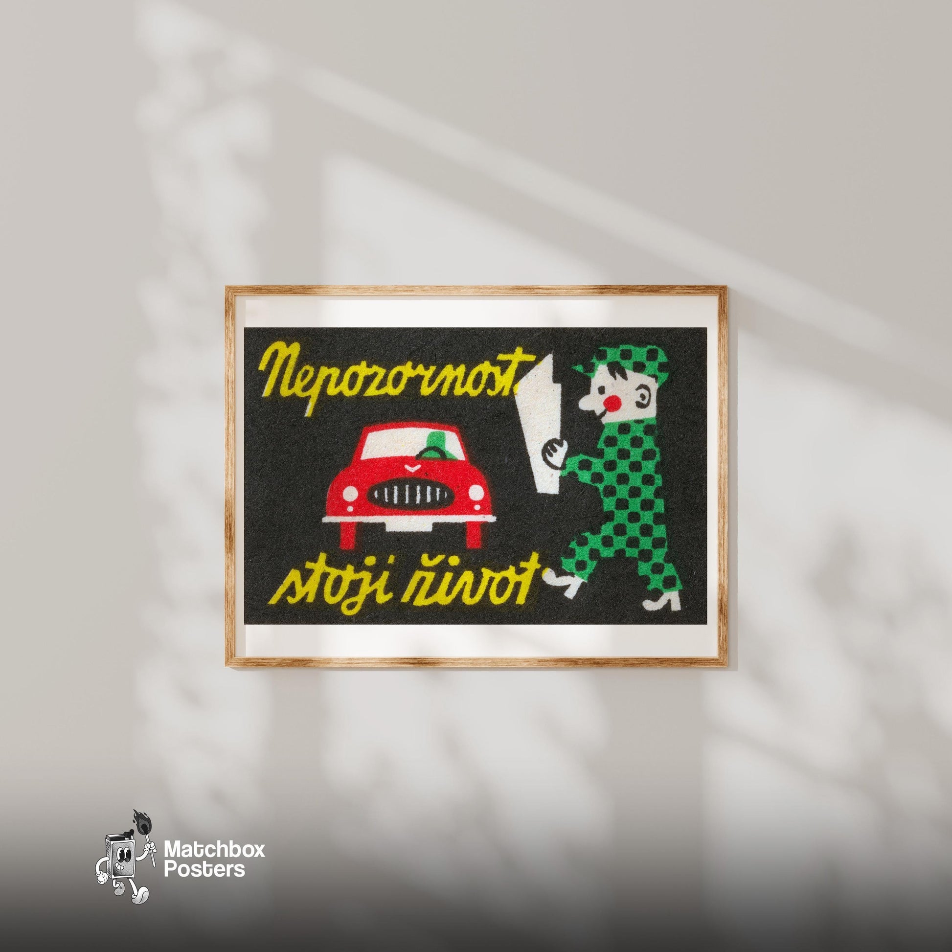 Red Car - vintage matchbox label print - bedroom mockup