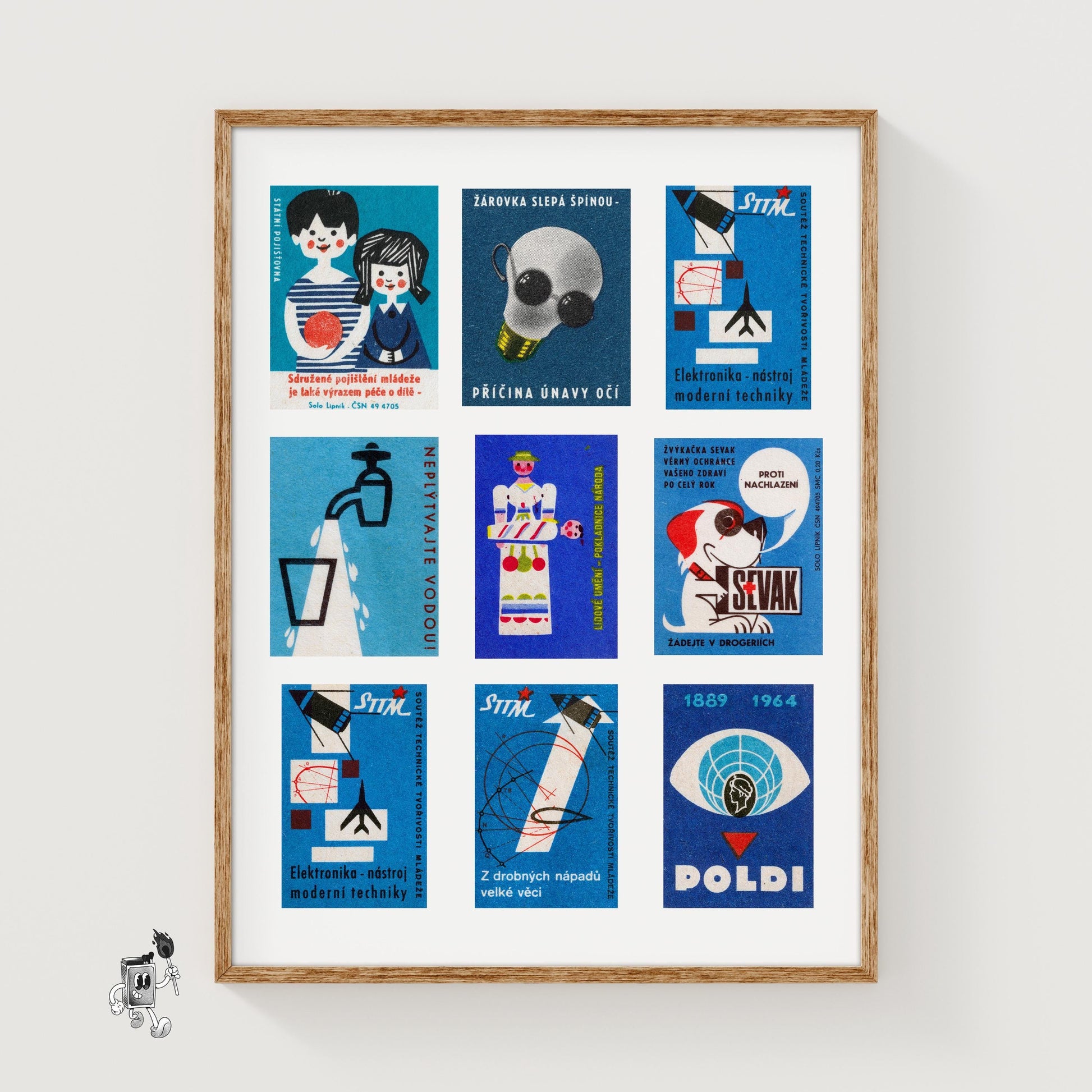 Blue and Whites Grid Print - vintage matchbox label print