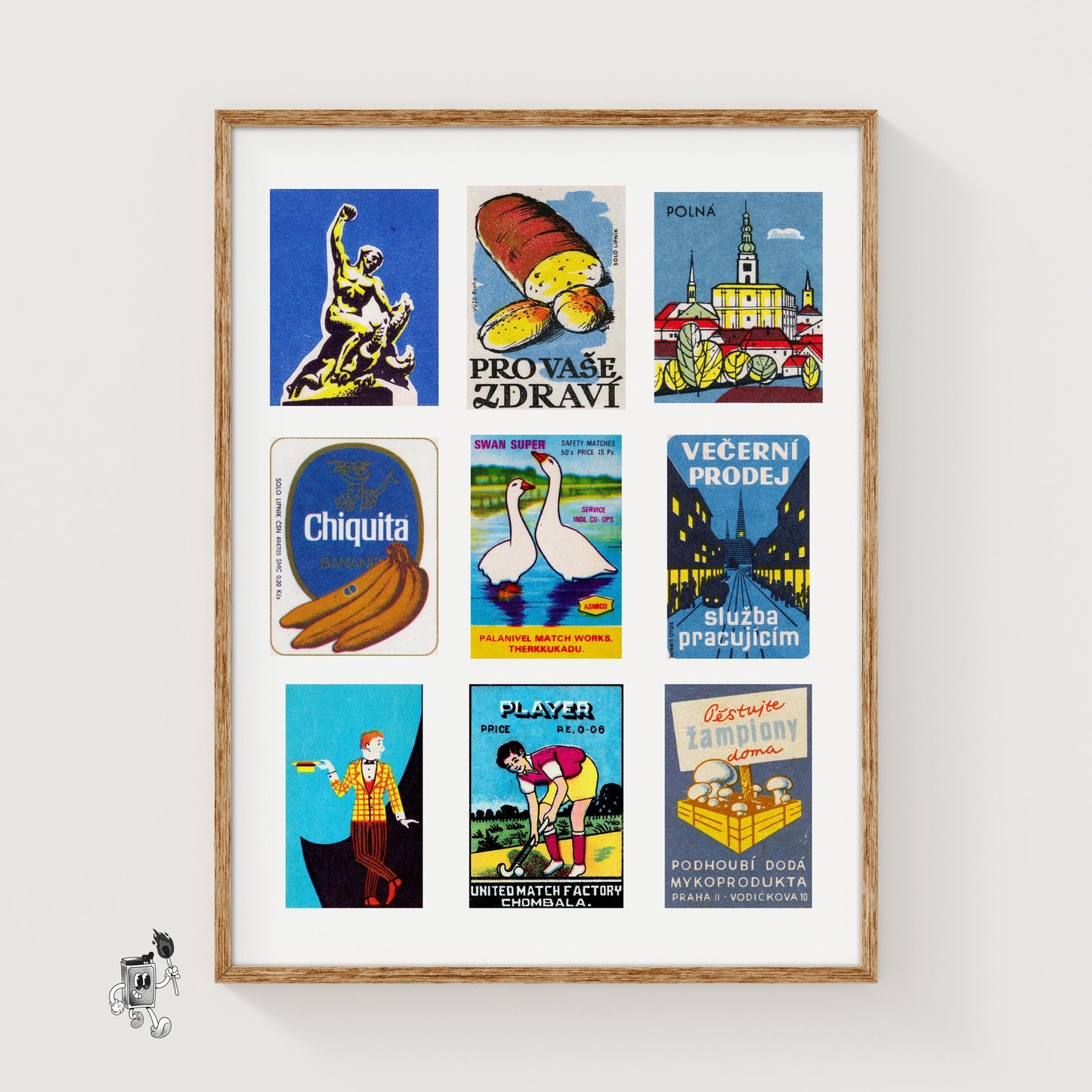 Blue and Yellows Grid Print - vintage matchbox label print