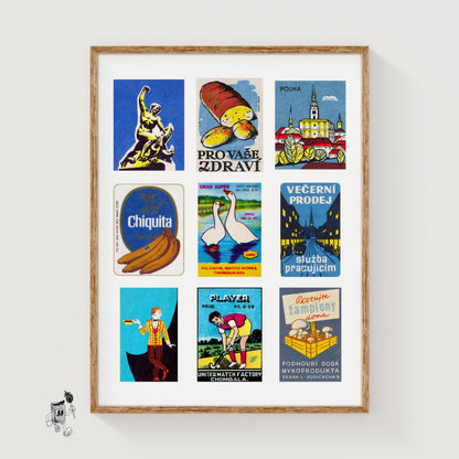 Blue and Yellows Grid Print - vintage matchbox label print