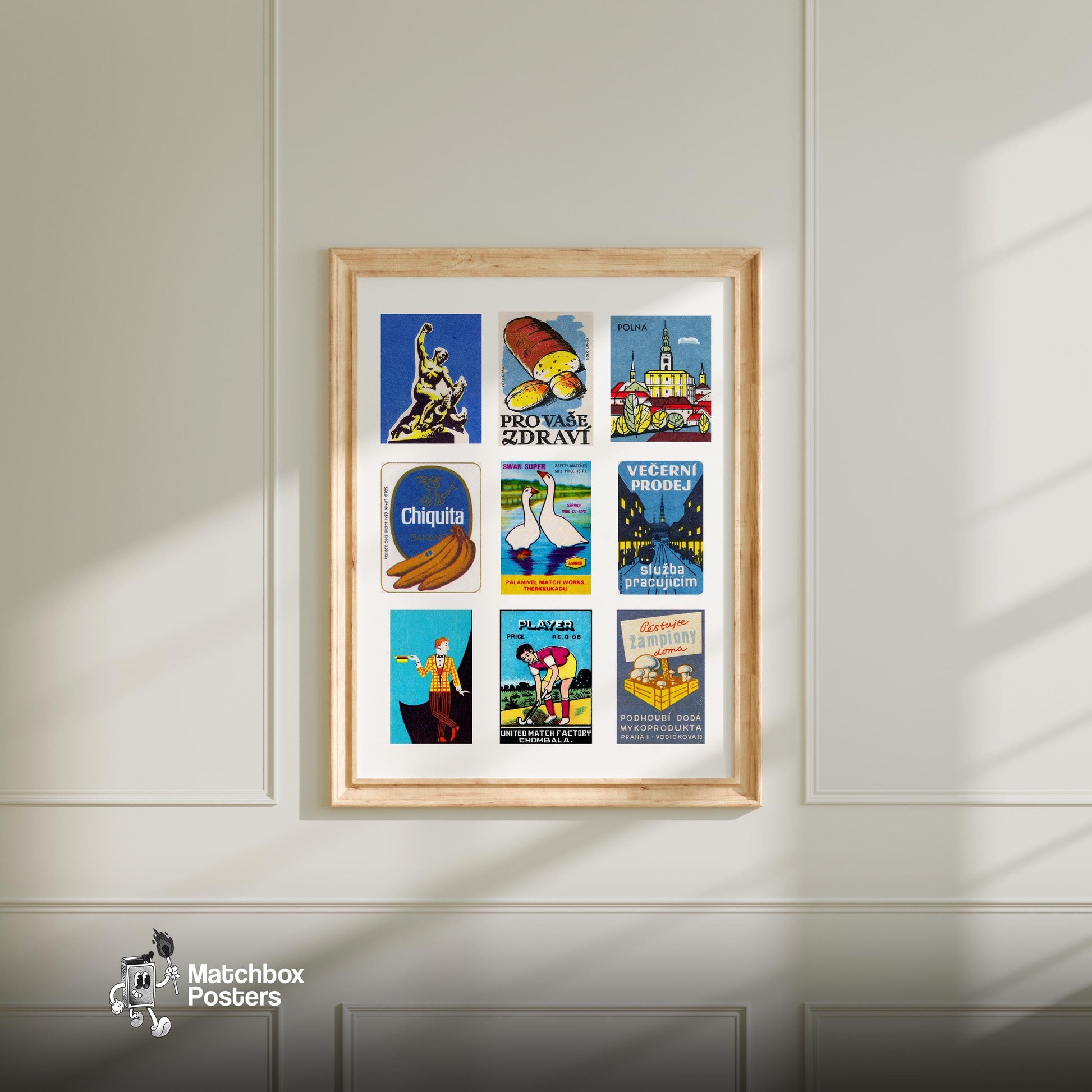 Blue and Yellows Grid Print - vintage matchbox label print - living room mockup