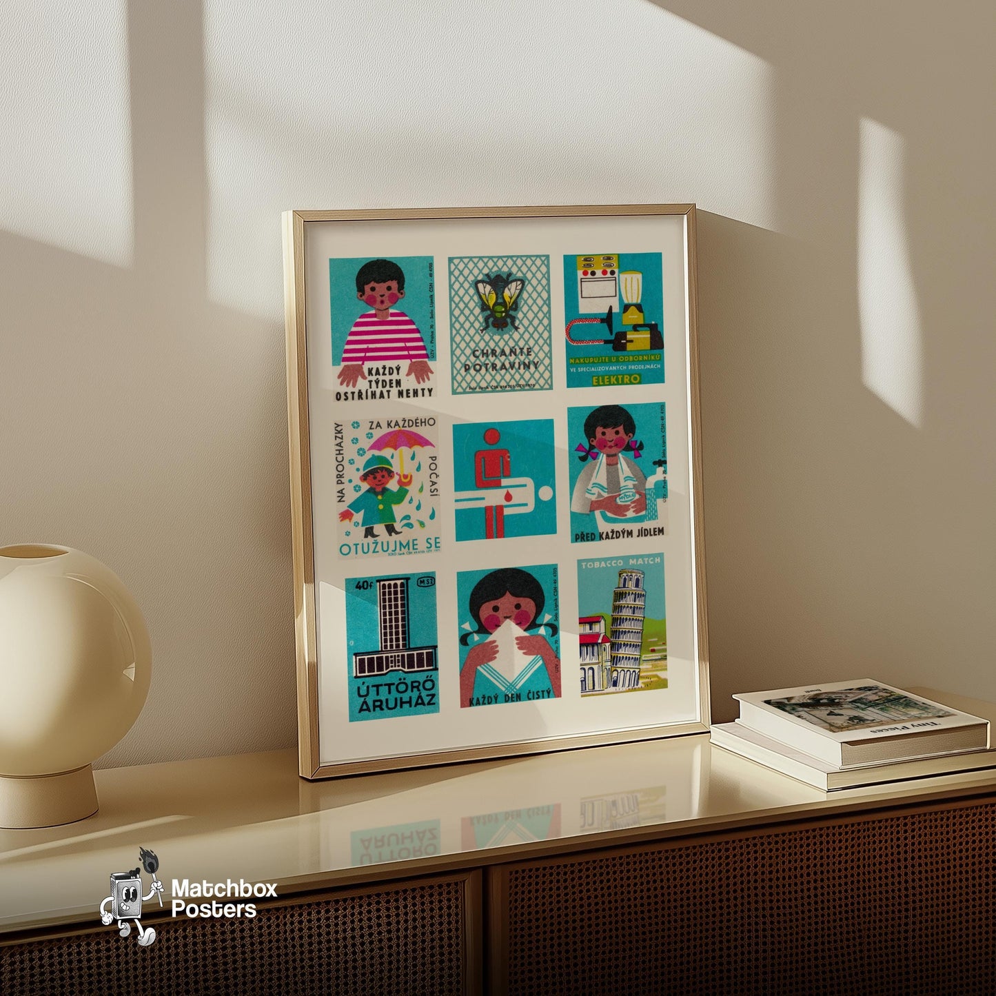 Turquoises Grid Print - vintage matchbox label print - bedroom mockup