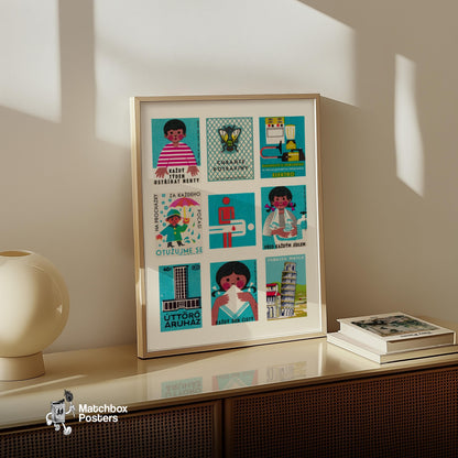 Turquoises Grid Print - vintage matchbox label print - bedroom mockup
