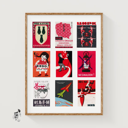 Red and Blacks Grid Print - vintage matchbox label print
