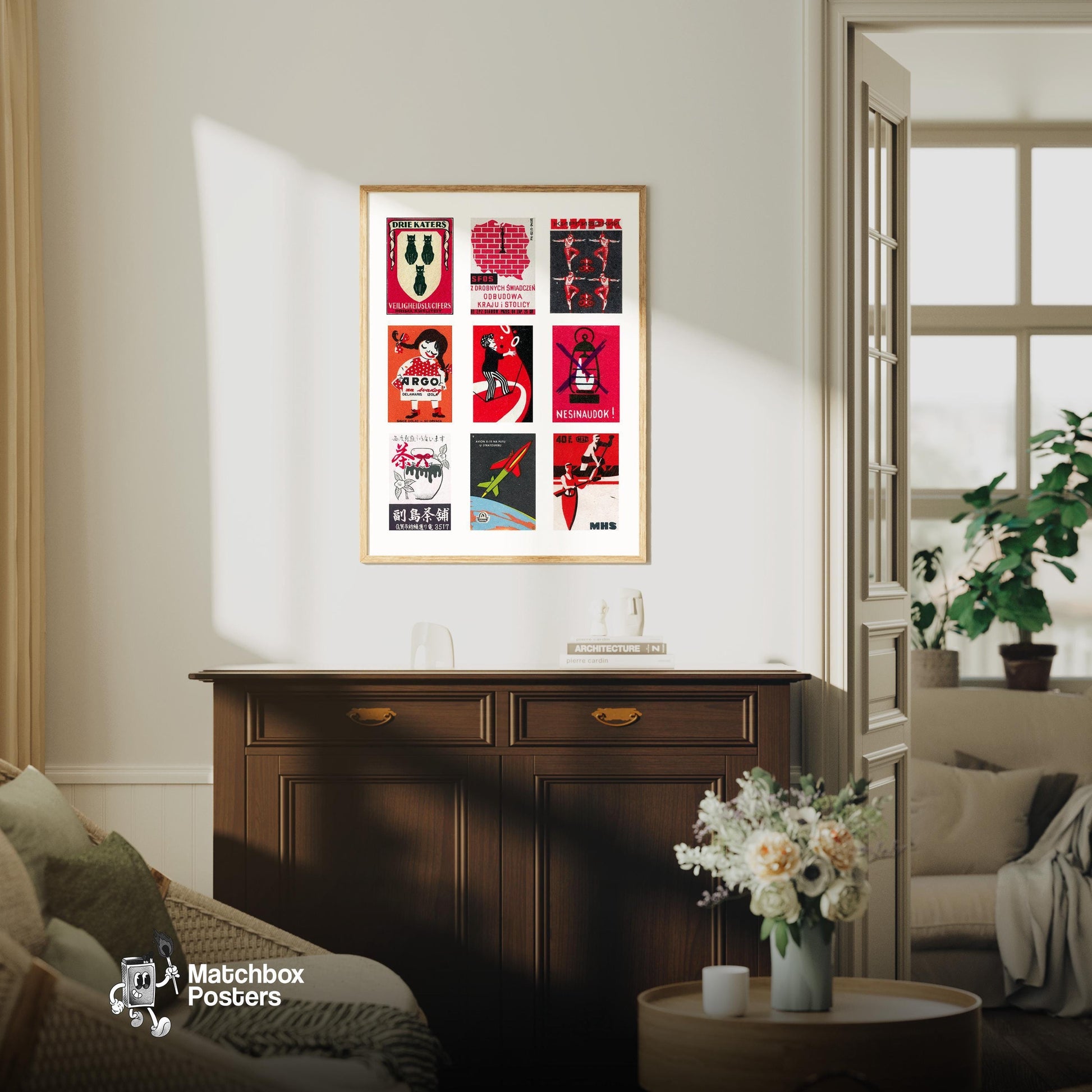 Red and Blacks Grid Print - vintage matchbox label print - framed wall art preview