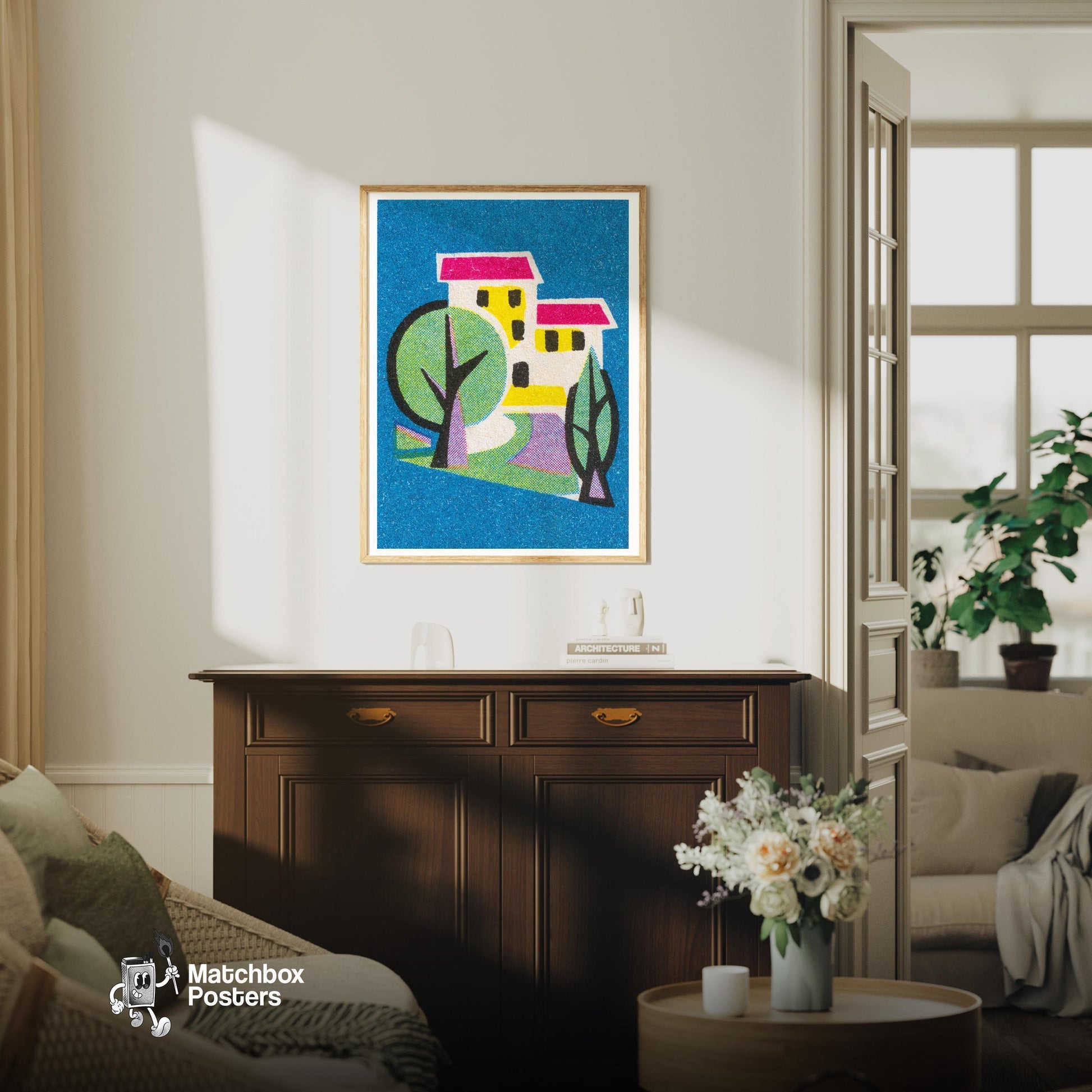 Stylized House - vintage matchbox label print - living room mockup