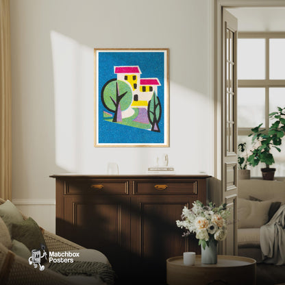 Stylized House - vintage matchbox label print - living room mockup