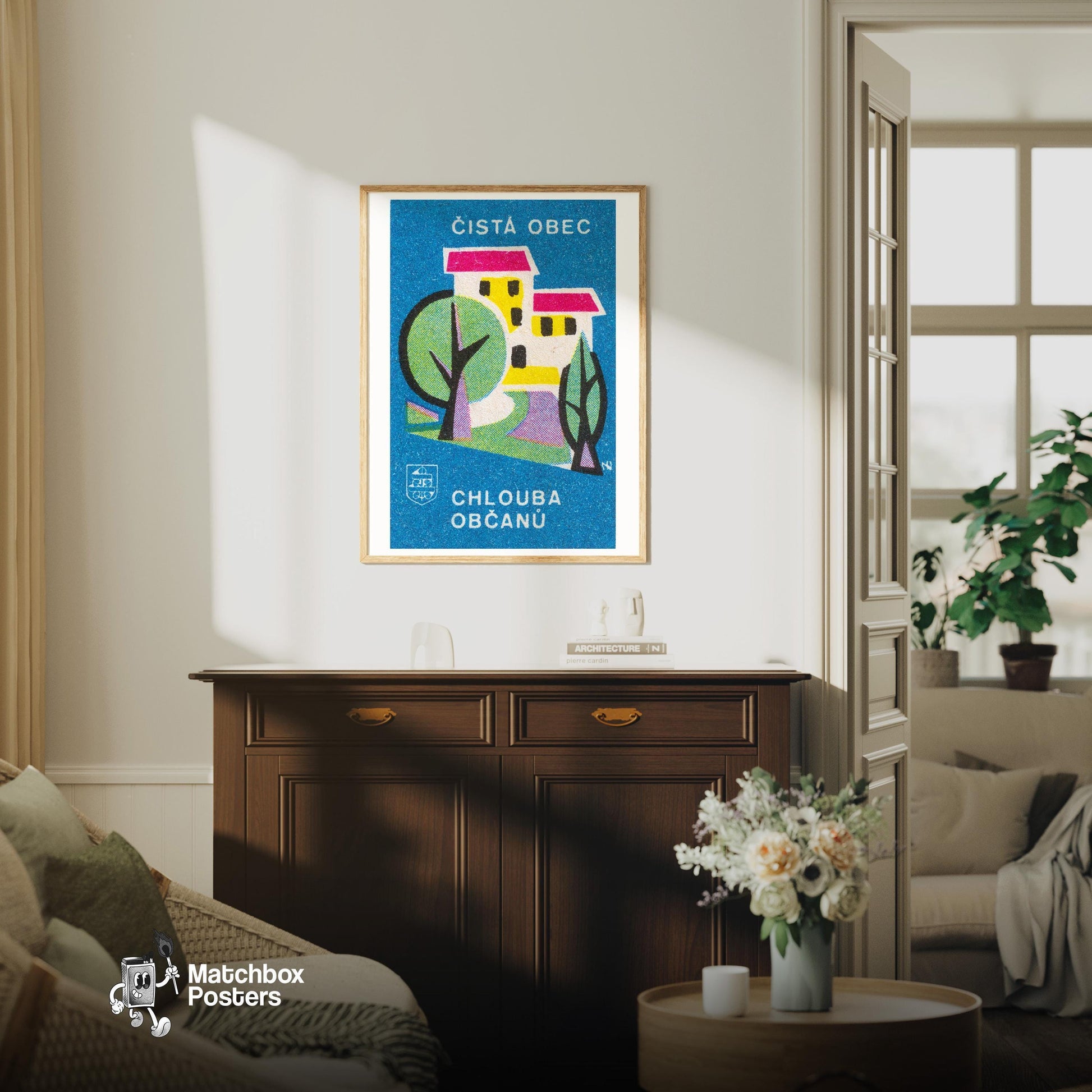 Abstract Building - vintage matchbox label print - living room mockup