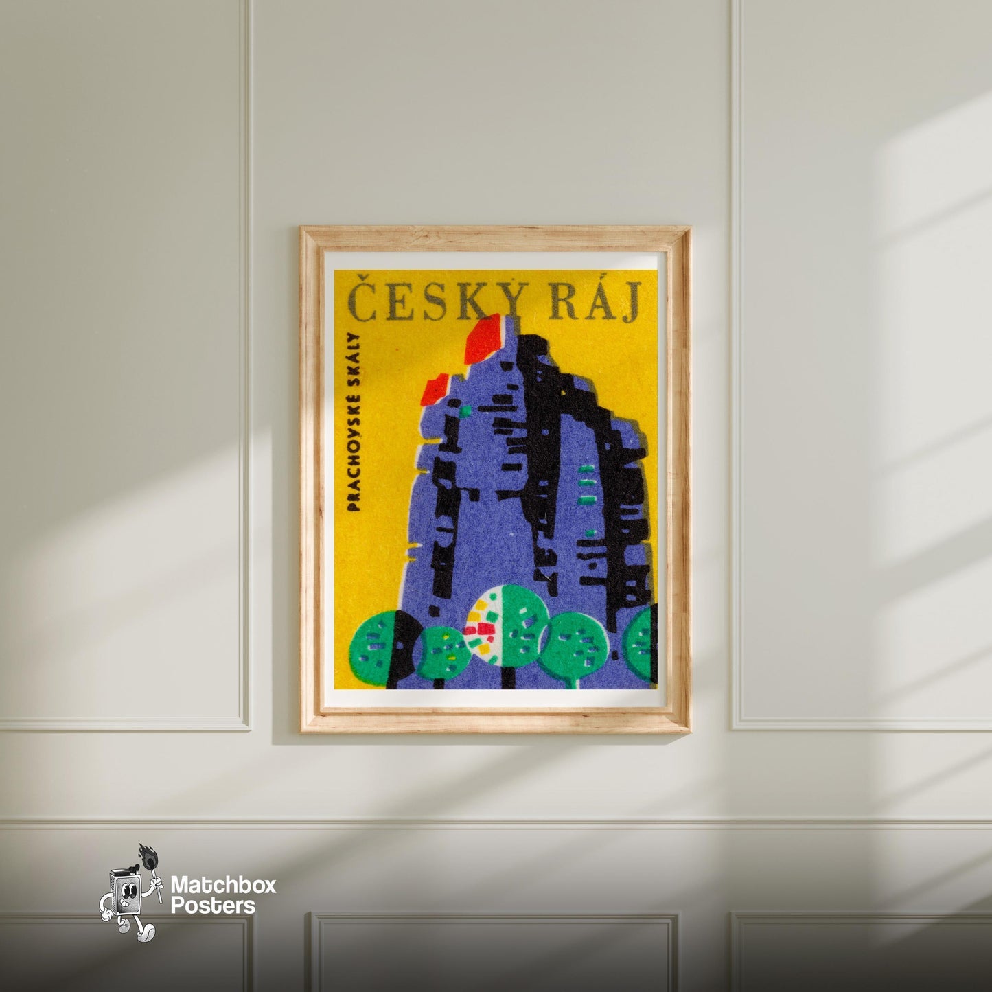 Prachovske Rocks - vintage matchbox label print - bedroom mockup