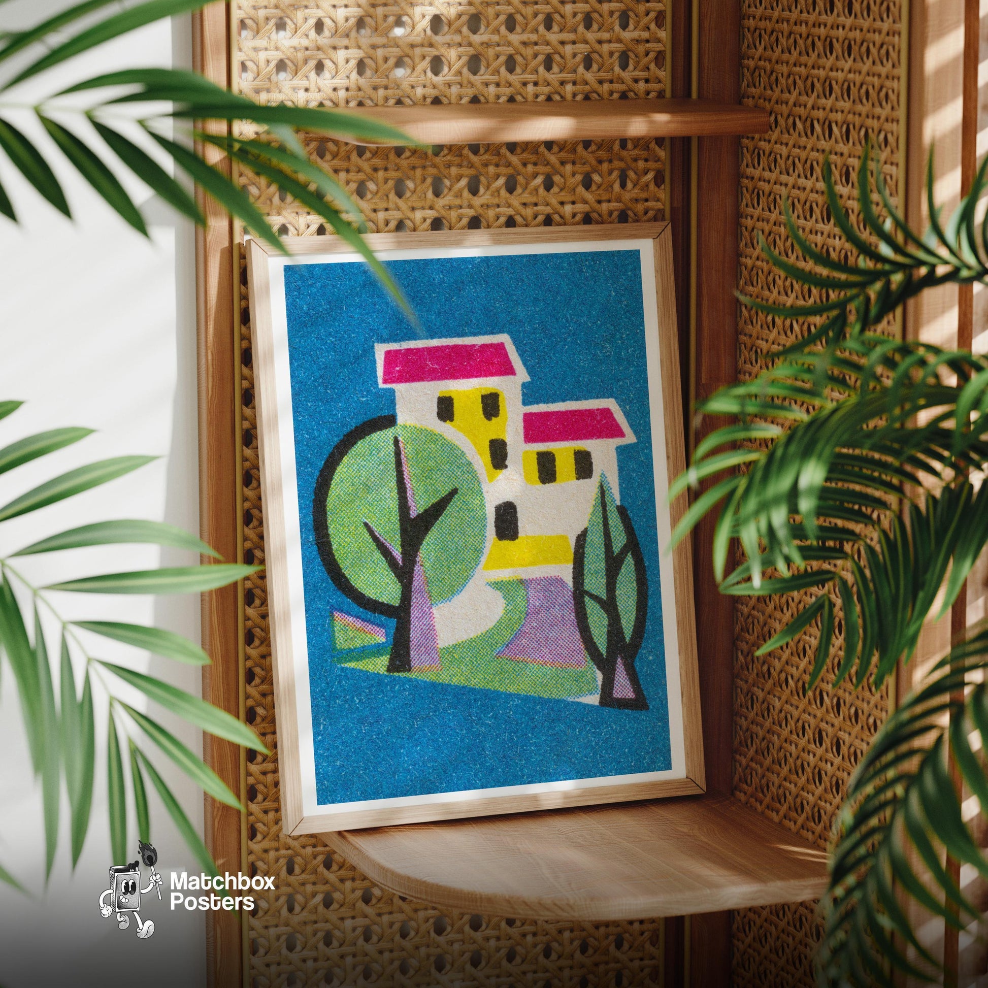 Stylized House - vintage matchbox label print - office wall