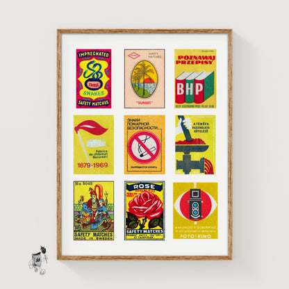 Yellow and Reds Grid Print - vintage matchbox label print