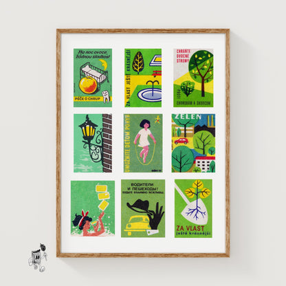 Green and Yellows Grid Print - vintage matchbox label print