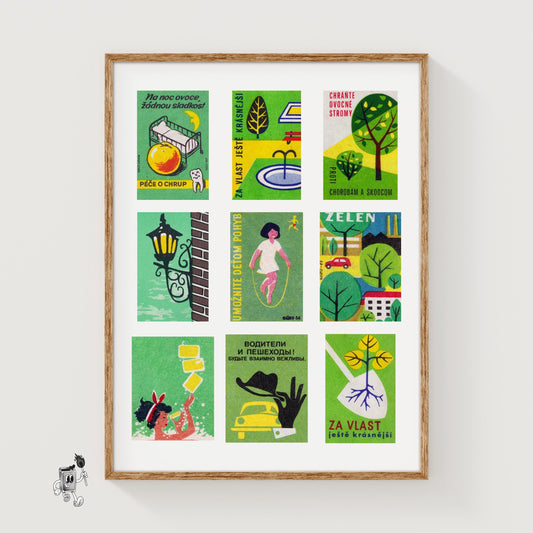 Green and Yellows Grid Print - vintage matchbox label print