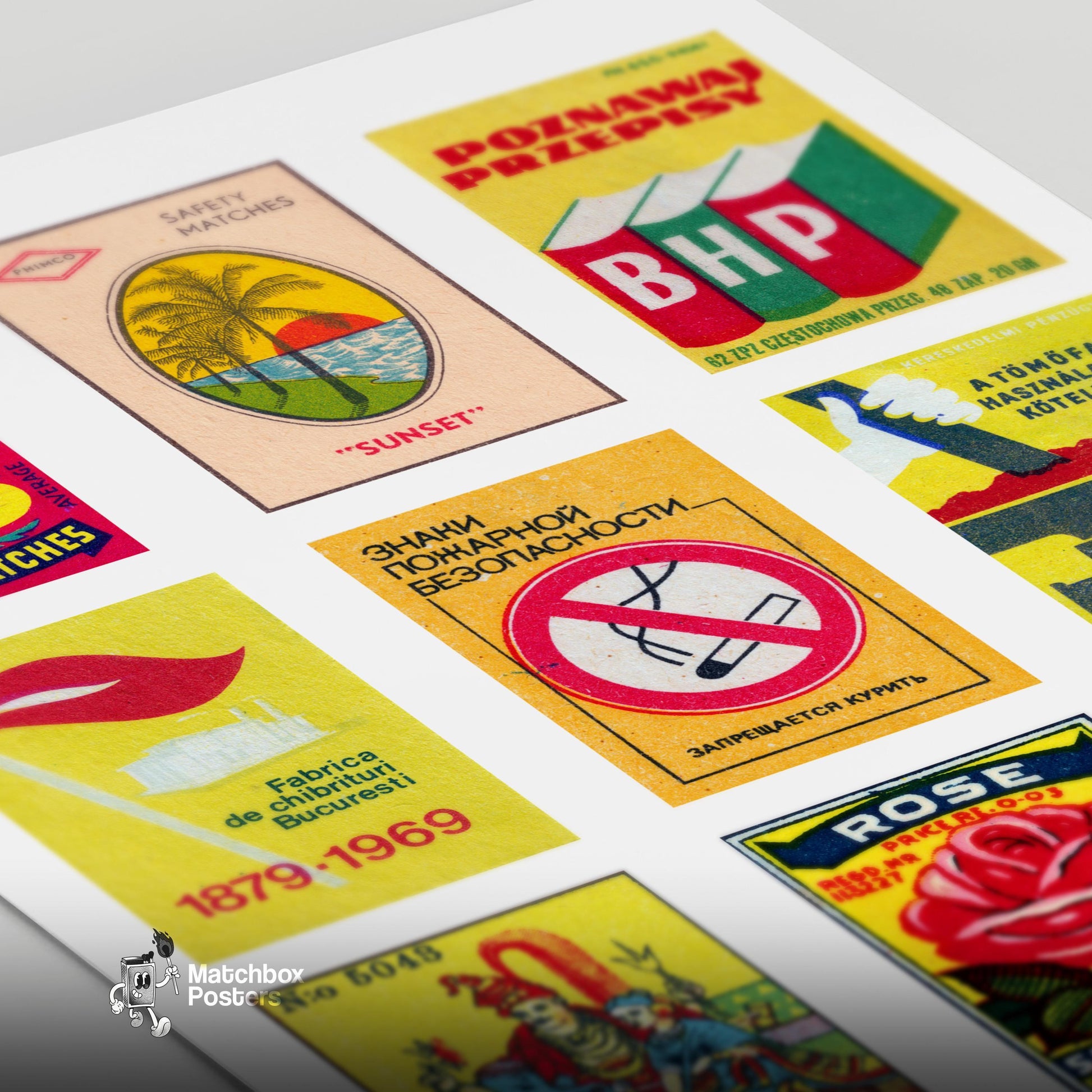 Yellow and Reds Grid Print - vintage matchbox label print - close-up detail