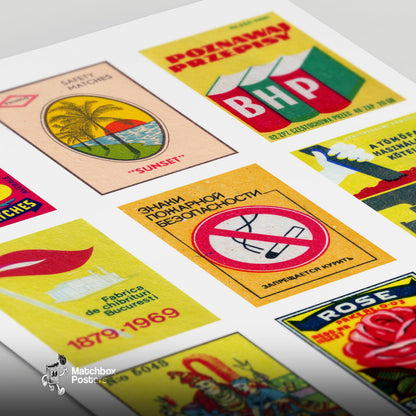 Yellow and Reds Grid Print - vintage matchbox label print - close-up detail