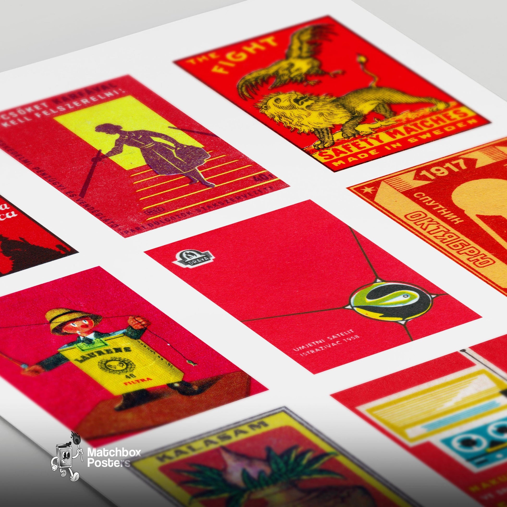 Red and Yellows Grid Print - vintage matchbox label print - close-up detail