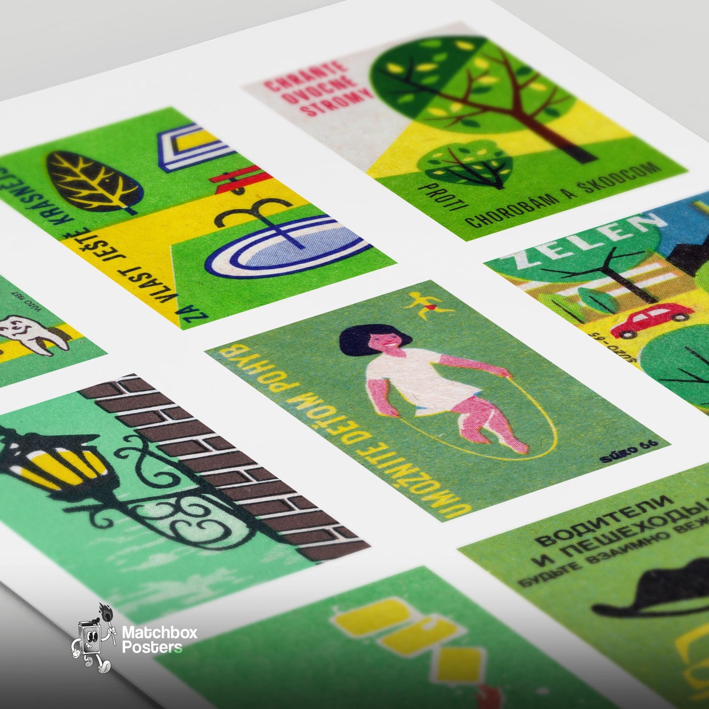Green and Yellows Grid Print - vintage matchbox label print - close-up detail