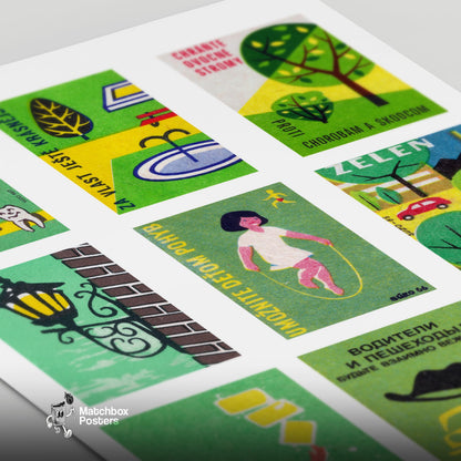 Green and Yellows Grid Print - vintage matchbox label print - close-up detail