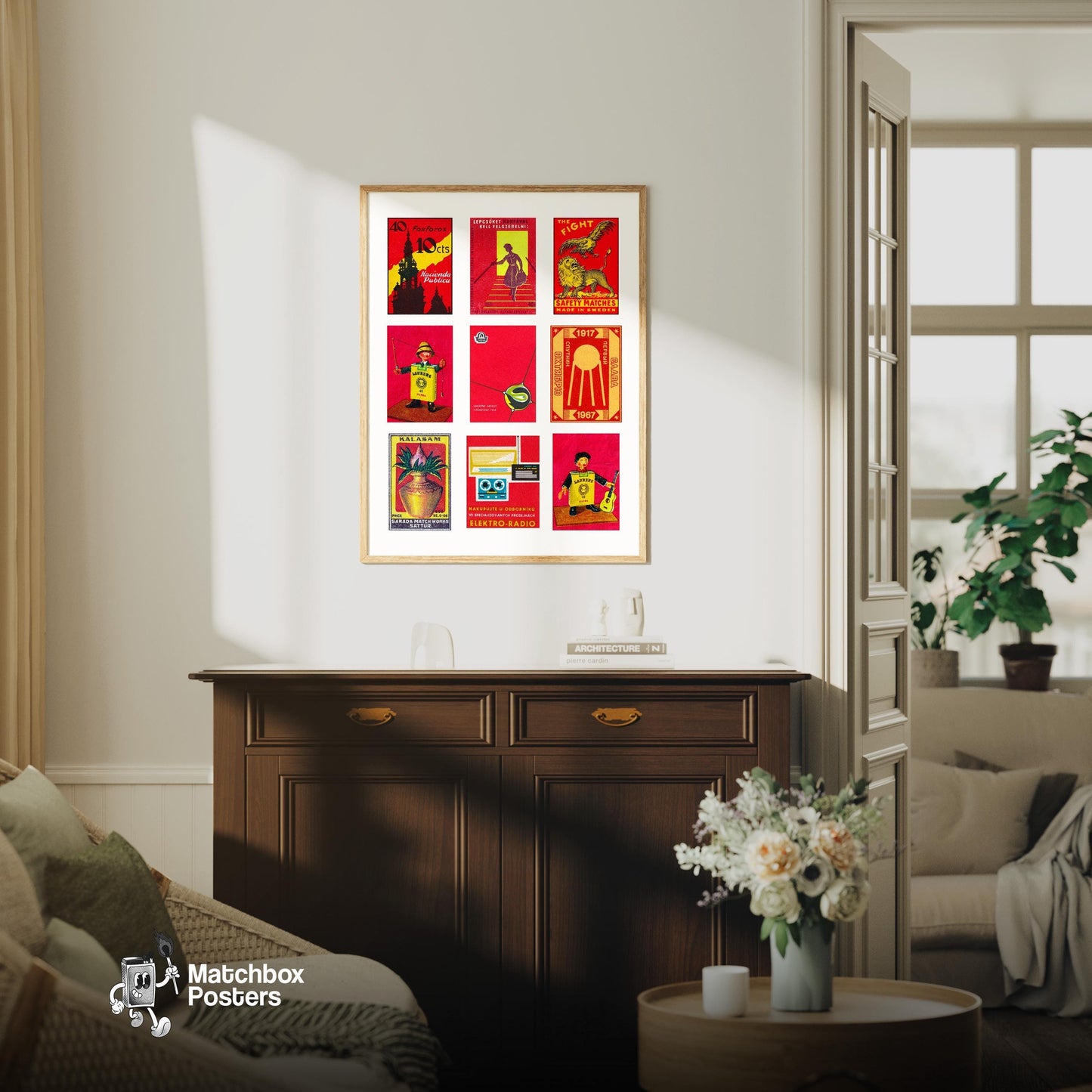 Red and Yellows Grid Print - vintage matchbox label print - framed wall art preview