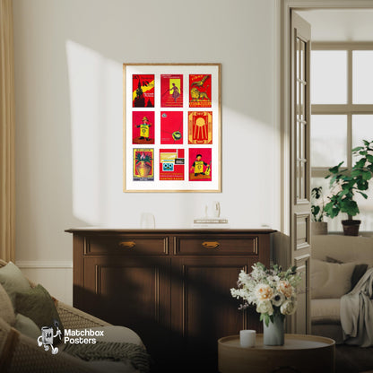 Red and Yellows Grid Print - vintage matchbox label print - framed wall art preview