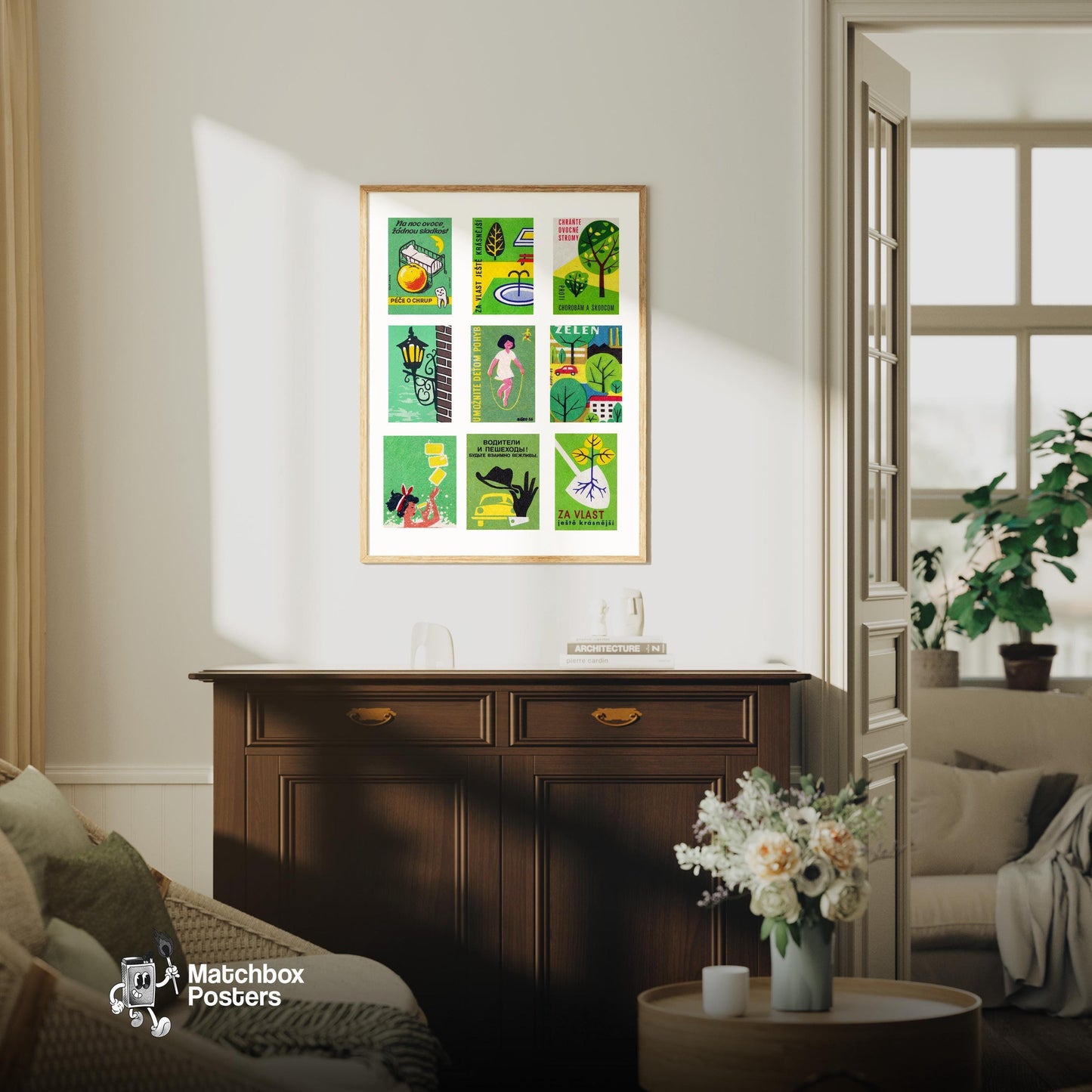 Green and Yellows Grid Print - vintage matchbox label print - framed wall art preview