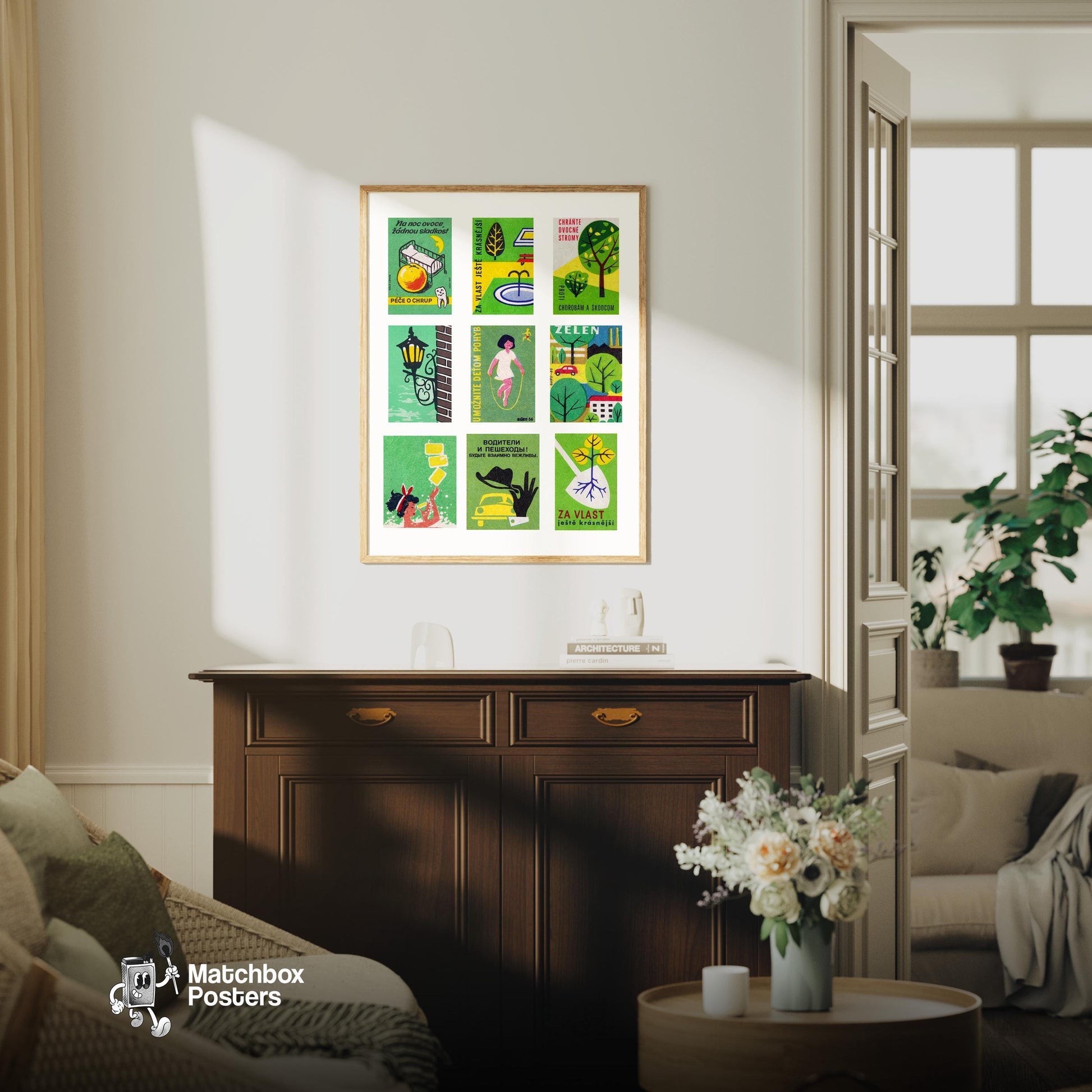 Green and Yellows Grid Print - vintage matchbox label print - framed wall art preview