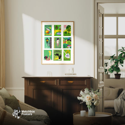 Green and Yellows Grid Print - vintage matchbox label print - framed wall art preview