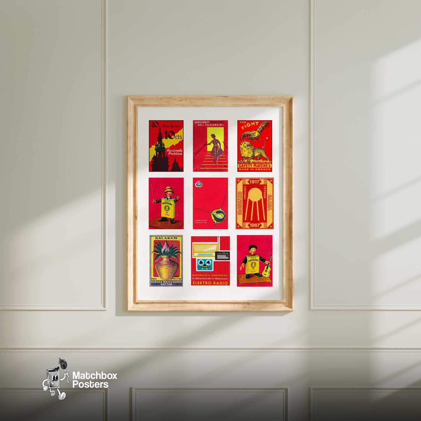 Red and Yellows Grid Print - vintage matchbox label print - living room mockup